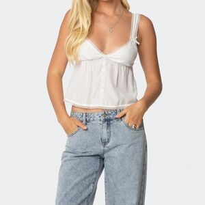EDIKTED Andea Babydoll White Lace-Trim Button Front Crop Tank Top